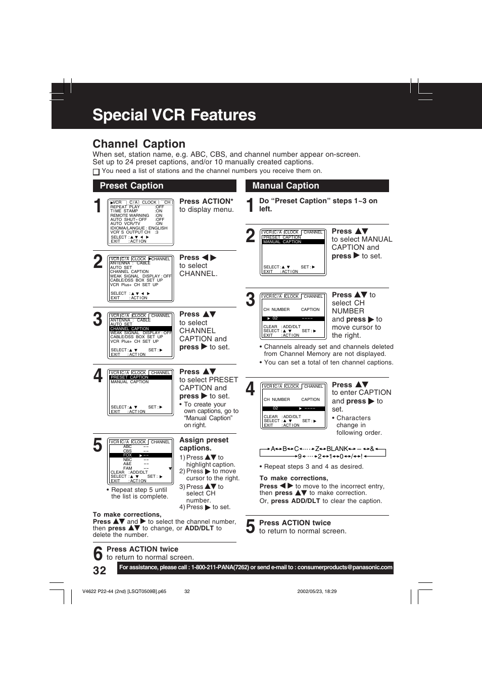 Special vcr features, Channel caption | Panasonic PV-V4622 User Manual | Page 32 / 44