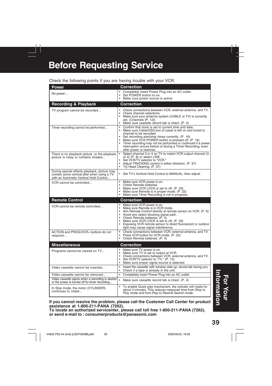 Before requesting service, For y our information | Panasonic PV-V4622 User Manual | Page 39 / 44