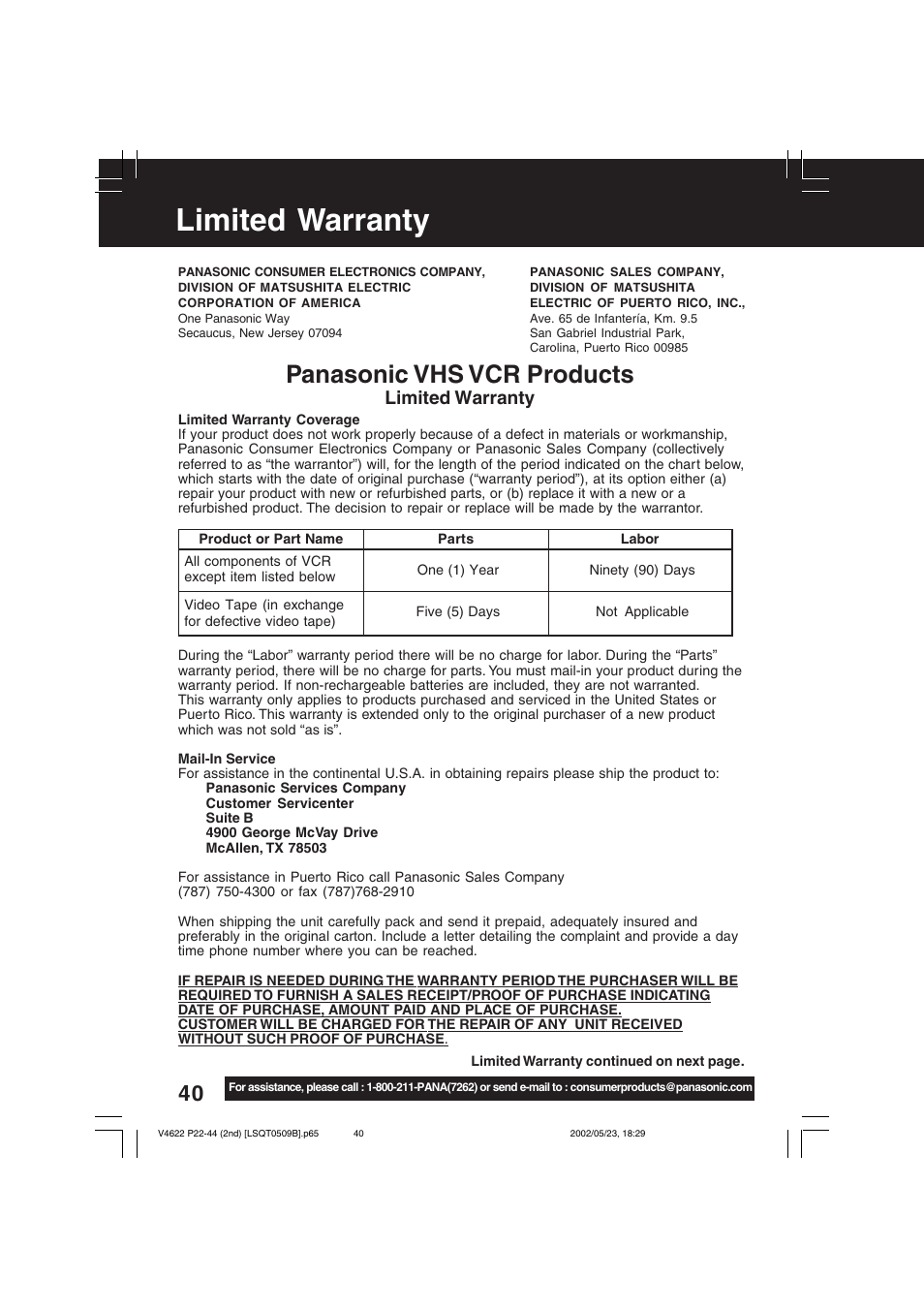 Limited warranty/ customer services directory, Panasonic vhs vcr products, Limited warranty | Panasonic PV-V4622 User Manual | Page 40 / 44