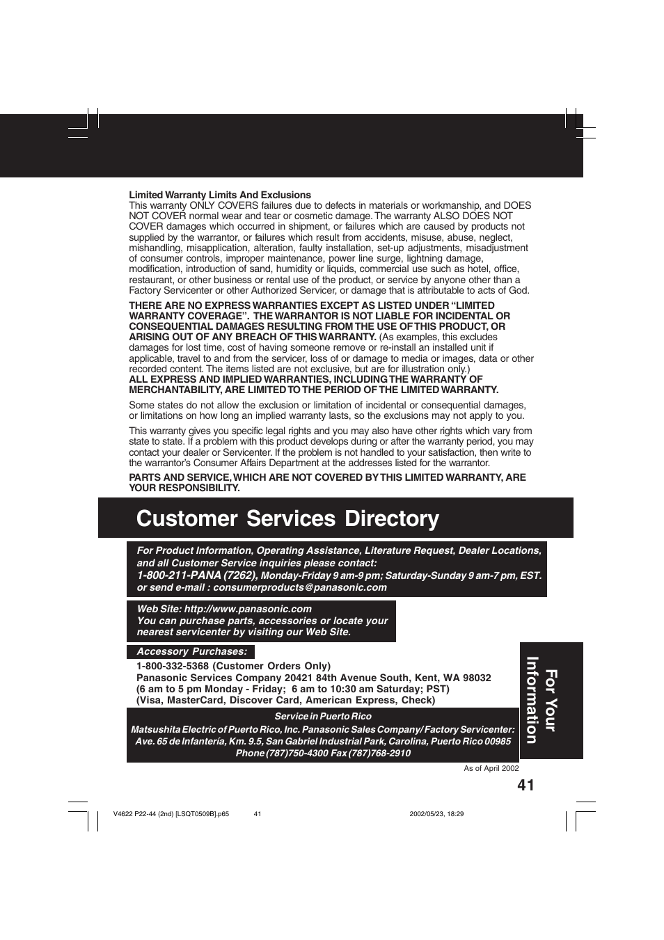 Customer services directory, 41 for y our information | Panasonic PV-V4622 User Manual | Page 41 / 44
