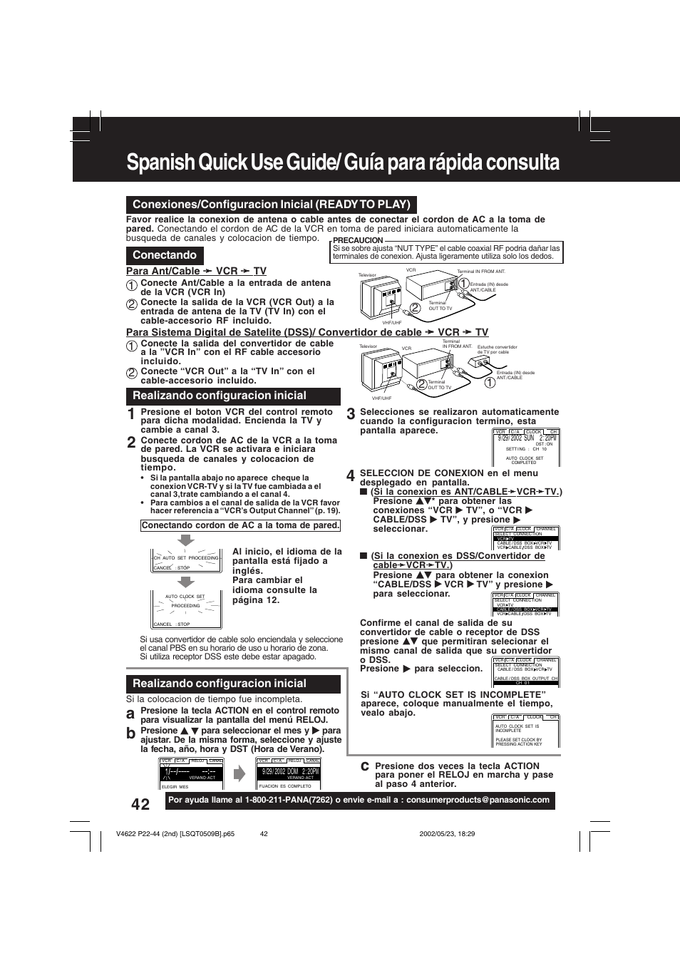 Spanish (espanol) quick use guide, Spanish quick use guide/ guía para rápida consulta, Para ajustar el idioma, canal y | Conexiones/configuracion inicial (ready to play), Conectando, 21 2 1 realizando configuracion inicial, Realizando configuracion inicial | Panasonic PV-V4622 User Manual | Page 42 / 44