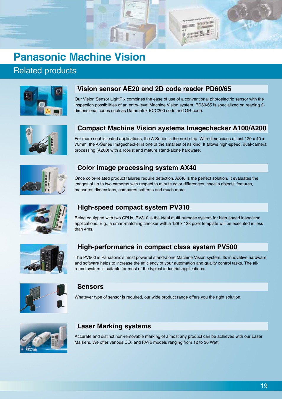 Panasonic machine vision, Related products | Panasonic Imagechecker P400 User Manual | Page 19 / 20