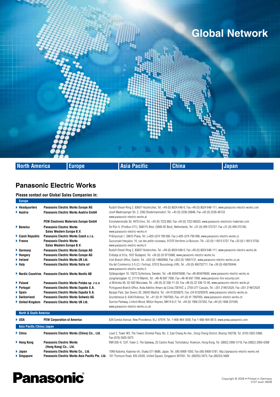 Global network, Panasonic electric works, Asia pacific china japan north america europe | Panasonic Imagechecker P400 User Manual | Page 20 / 20