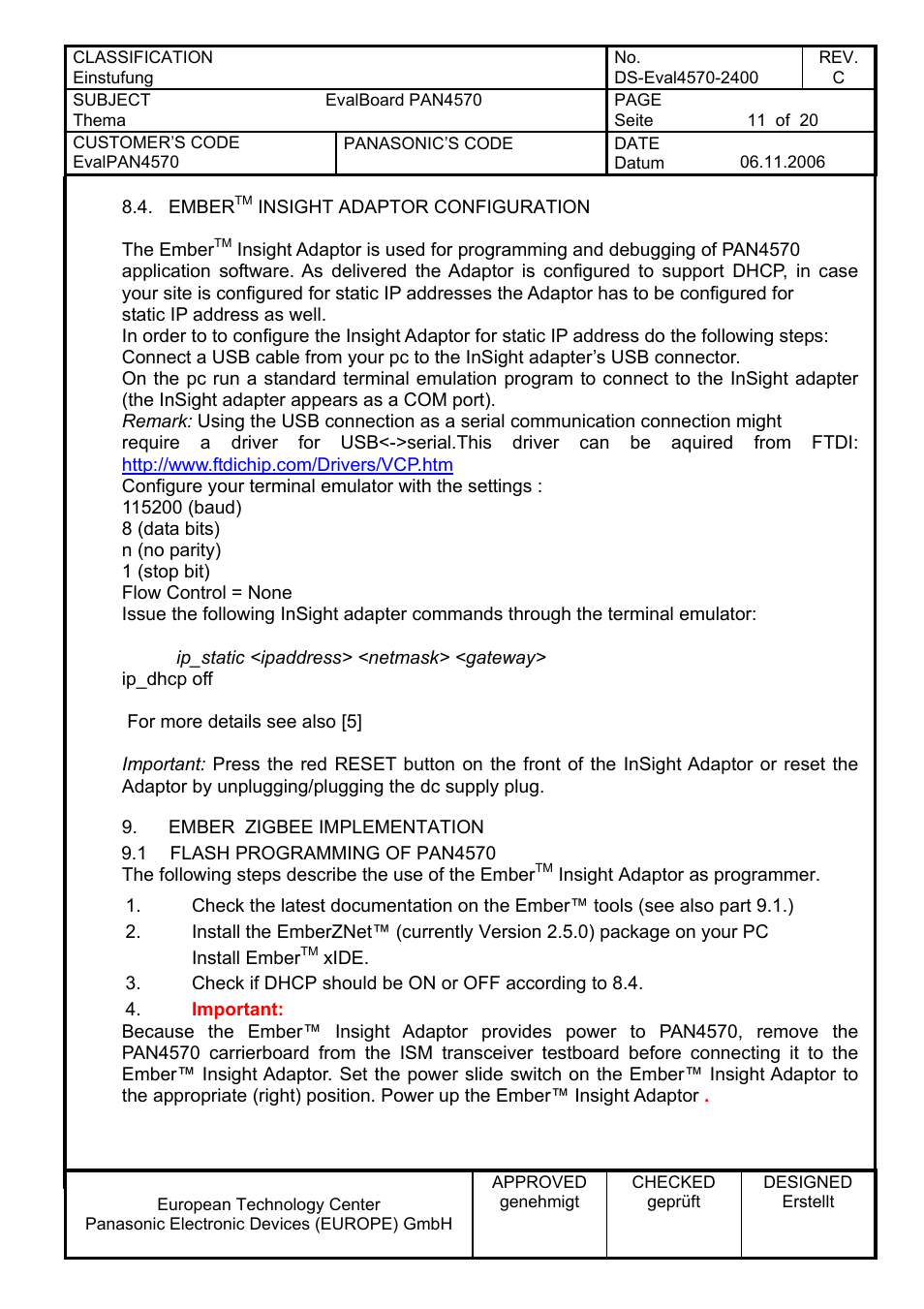 Embertm insight adaptor configuration, Ember zigbee implementation, Flash programming of pan4570 | Ember, Insight adaptor configuration | Panasonic PAN4570 User Manual | Page 11 / 20