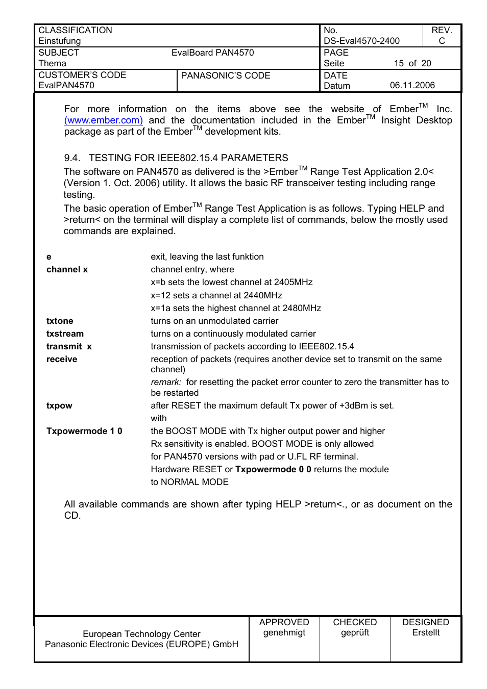 Testing for ieee802.15.4 parameters | Panasonic PAN4570 User Manual | Page 15 / 20