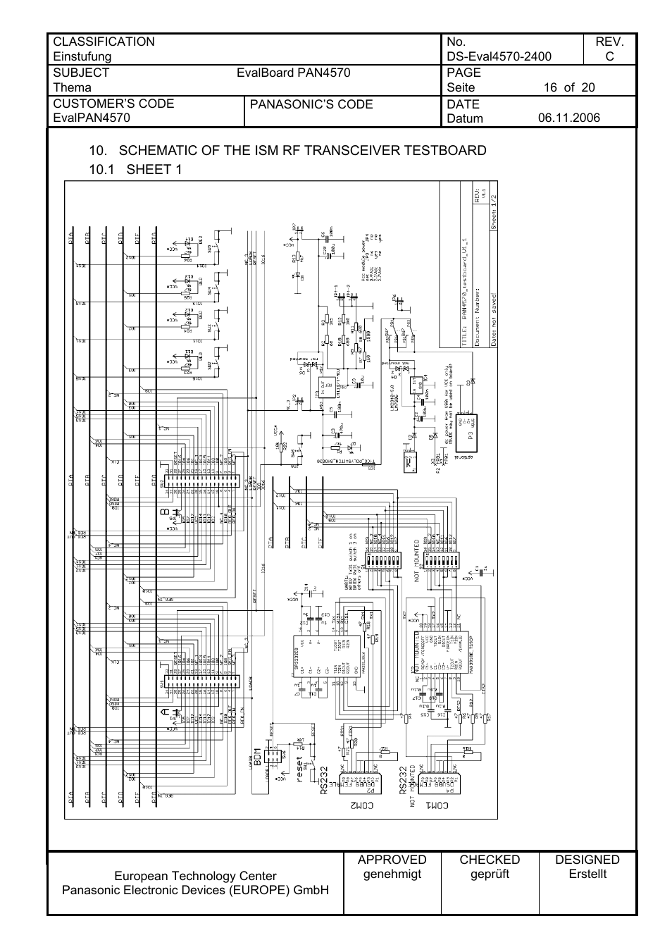 Schematic of the ism rf transceiver testboard, 1 sheet 1 | Panasonic PAN4570 User Manual | Page 16 / 20