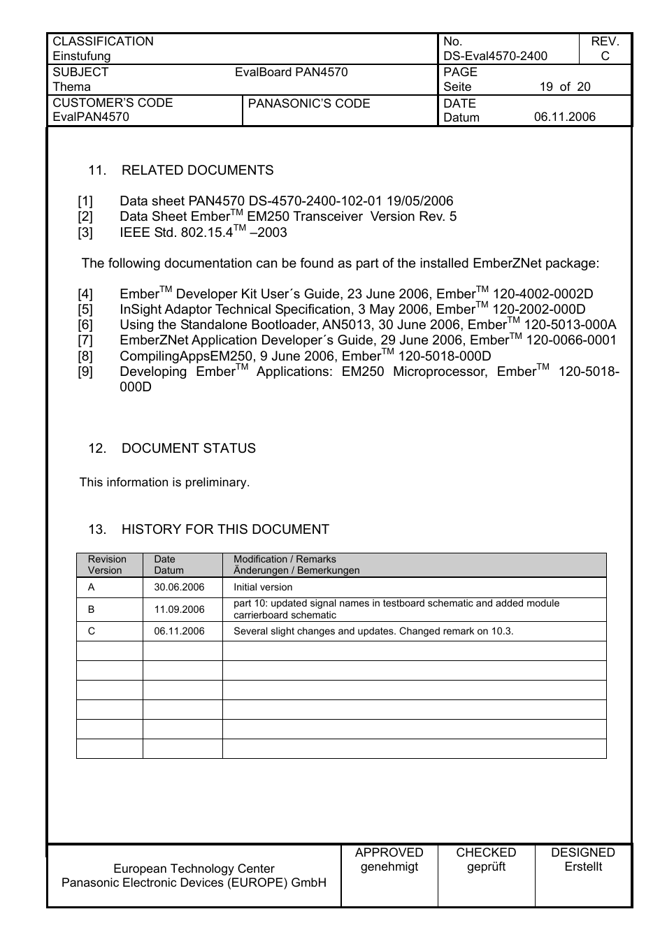 Related documents, Document status, History for this document | Panasonic PAN4570 User Manual | Page 19 / 20