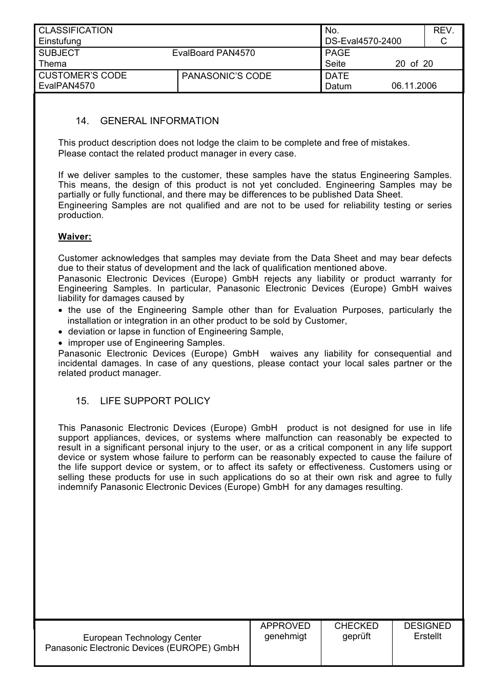 General information, Life support policy | Panasonic PAN4570 User Manual | Page 20 / 20