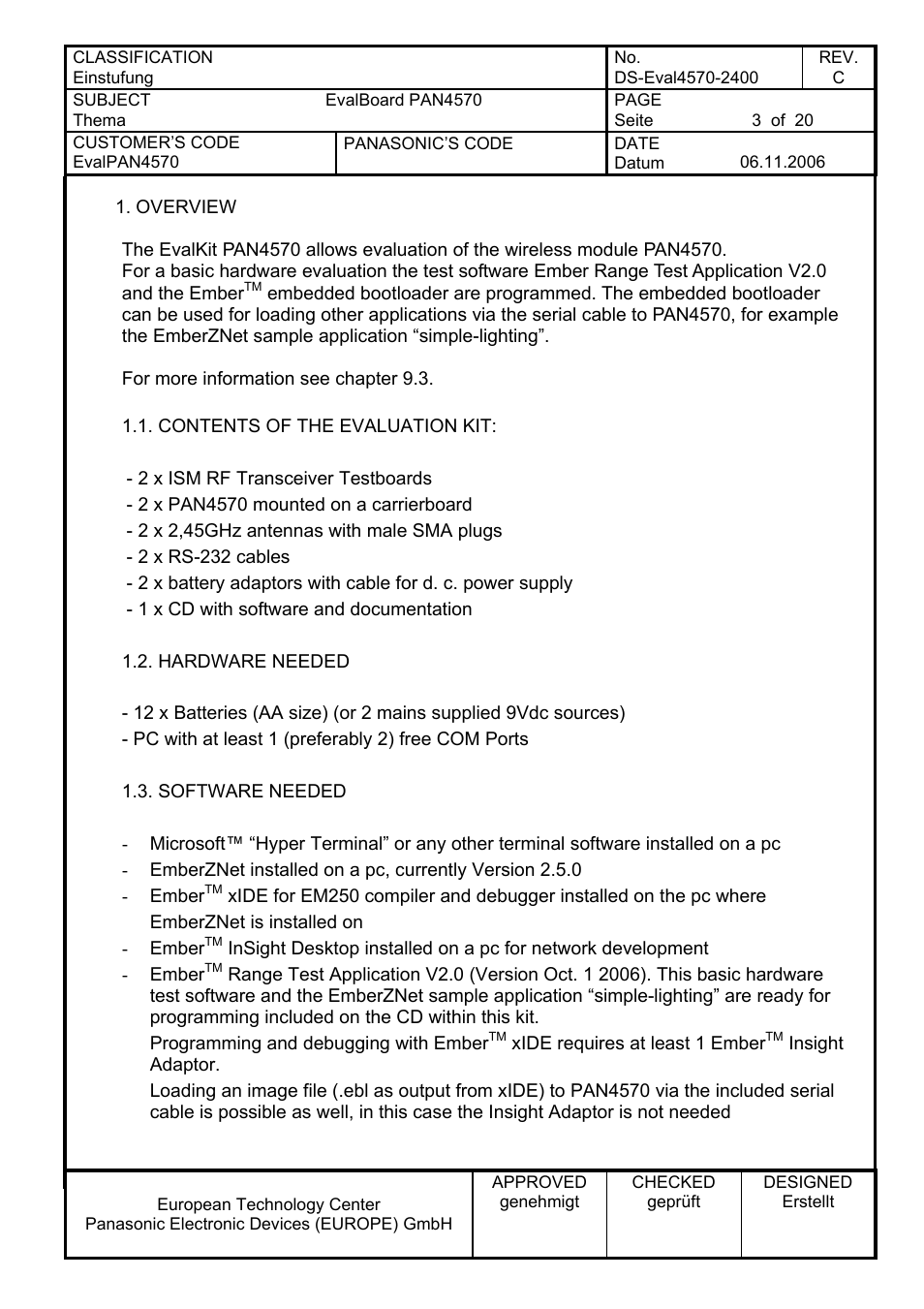 Overview, Contents of the evaluation kit, Hardware needed | Software needed | Panasonic PAN4570 User Manual | Page 3 / 20