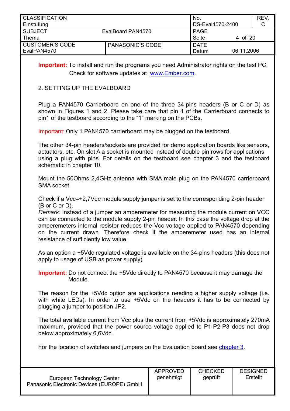 Setting up the evalboard | Panasonic PAN4570 User Manual | Page 4 / 20