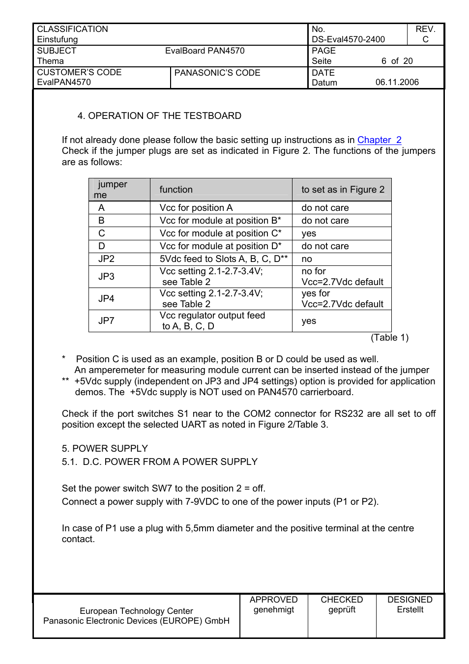 Operation of the testboard, Power supply, D.c. power from a power supply | Panasonic PAN4570 User Manual | Page 6 / 20