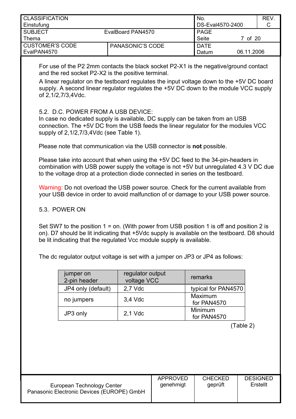 D.c. power from a usb device, Power on | Panasonic PAN4570 User Manual | Page 7 / 20