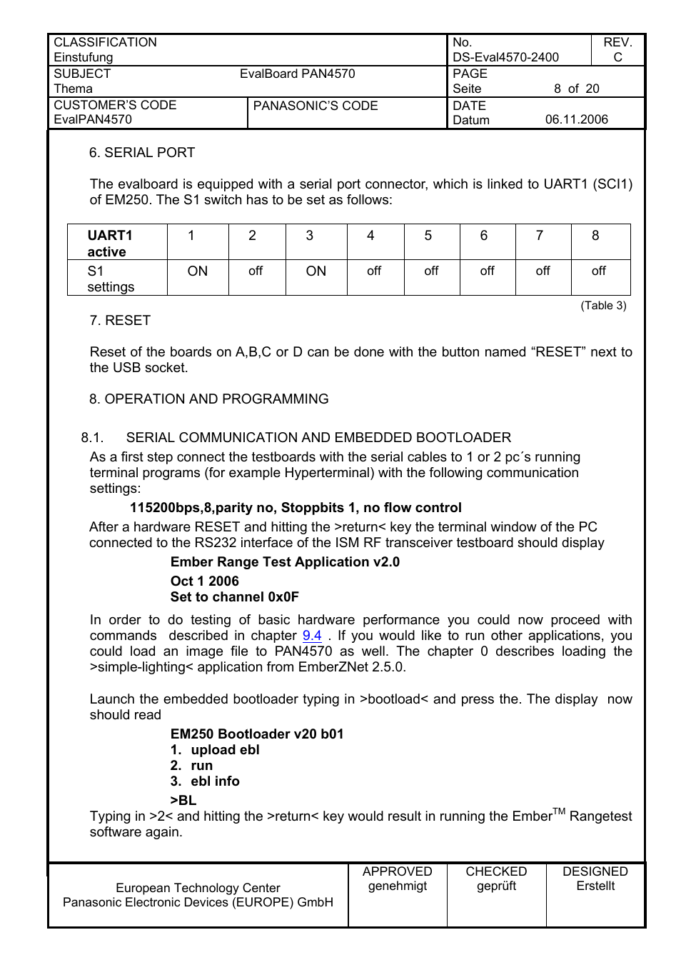Serial port, Reset, Operation and programming | Serial communication and embedded bootloader | Panasonic PAN4570 User Manual | Page 8 / 20