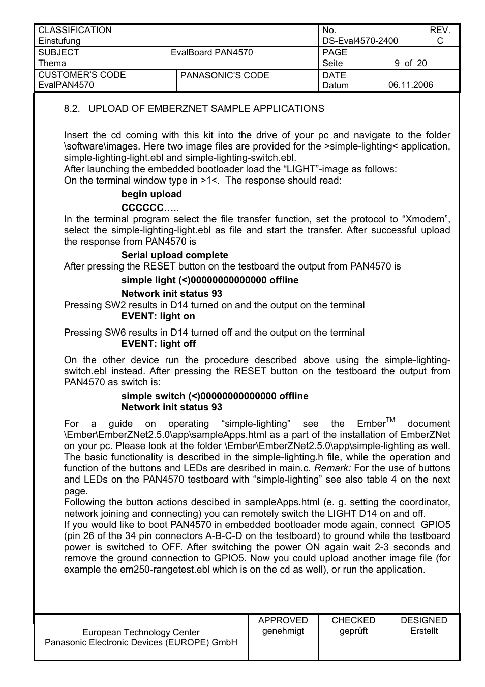 Upload of emberznet sample applications | Panasonic PAN4570 User Manual | Page 9 / 20