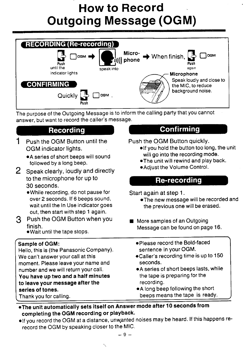 How to record outgoing message (ogm), Micro- i,»)) phone, When finish, q | Quickiy, 30 seconds, 3 push the ogm button when you finish, Push the ogm button quickly, Start again at step 1, Recording, Re-recording | Panasonic KX-T2386BA User Manual | Page 10 / 19