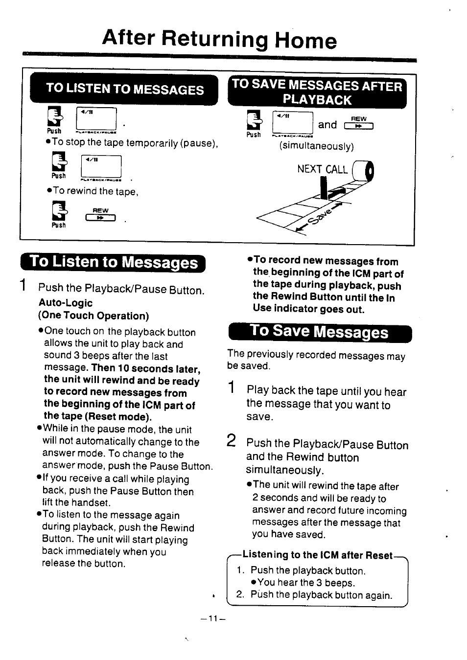 After returning home, To listen to messages, To save messages after playback | And i, 1 push the playback/pause button, Listening to the icm after reset, Push the playback/pause button | Panasonic KX-T2386BA User Manual | Page 12 / 19