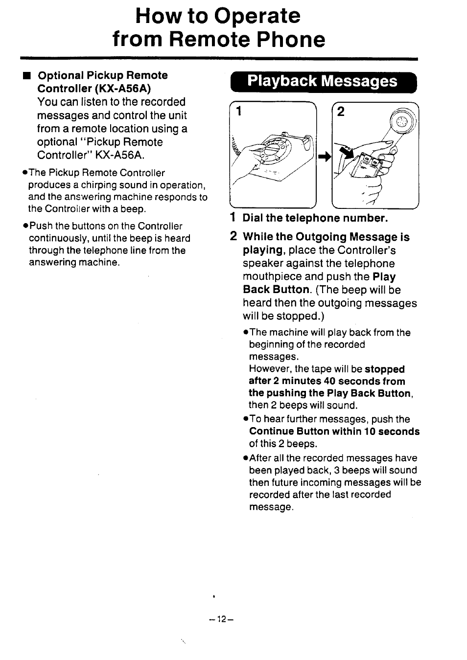 How to operate from remote phone, Playback messages | Panasonic KX-T2386BA User Manual | Page 13 / 19