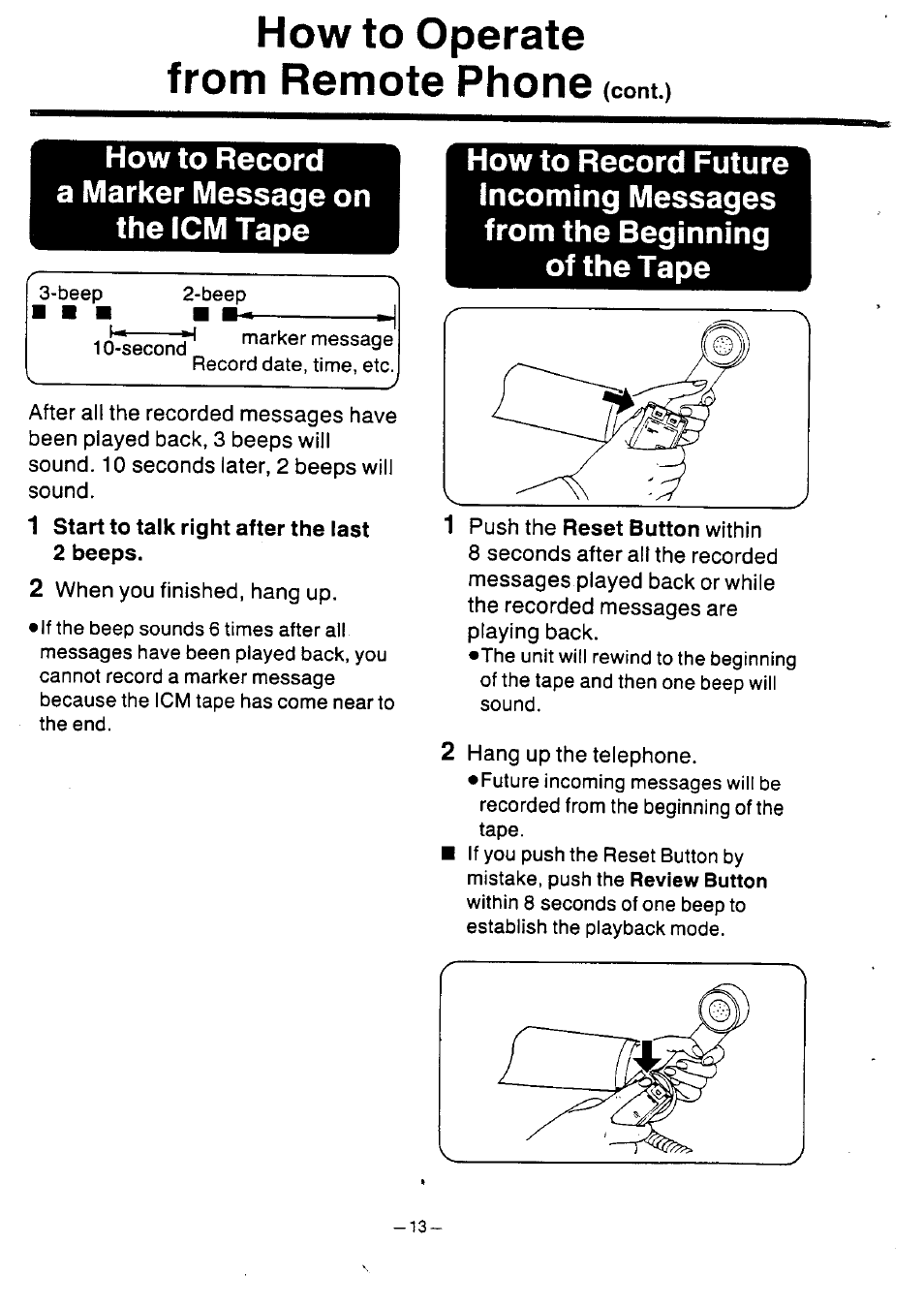 How to operate from remote phone (cont.), How to record a marker message on the icm tape | Panasonic KX-T2386BA User Manual | Page 14 / 19