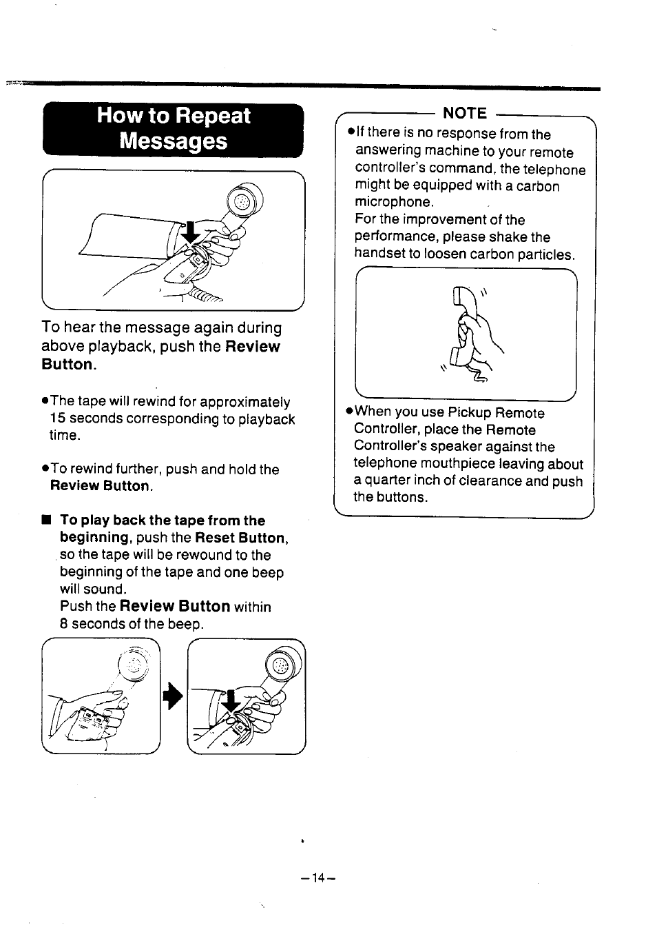 How to repeat messages, Review button | Panasonic KX-T2386BA User Manual | Page 15 / 19