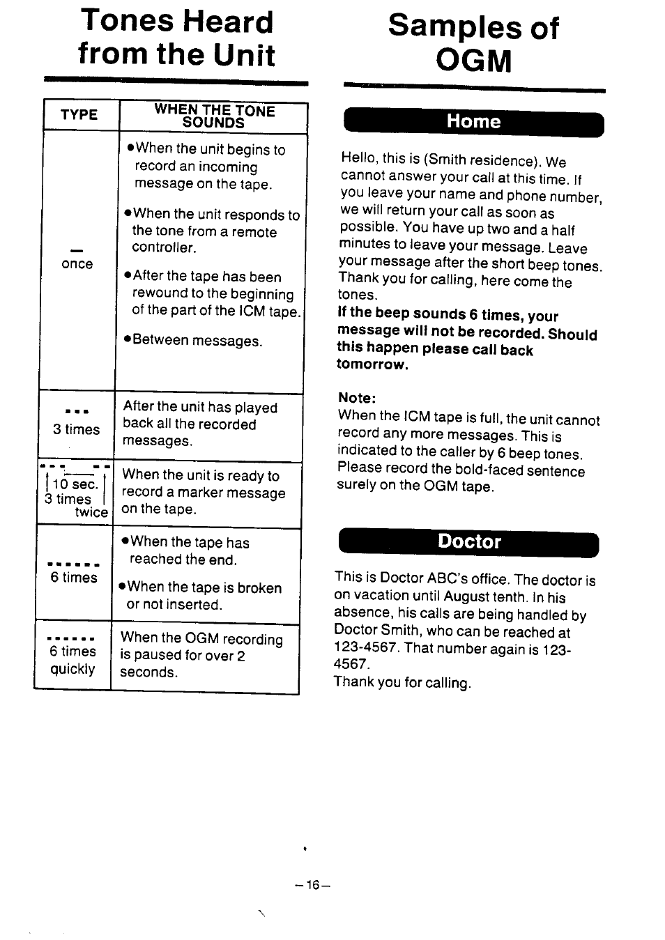 Tones heard from the unit, Samples of ogm, Tones heard from the unit samples of ogm | Home, Doctor | Panasonic KX-T2386BA User Manual | Page 17 / 19