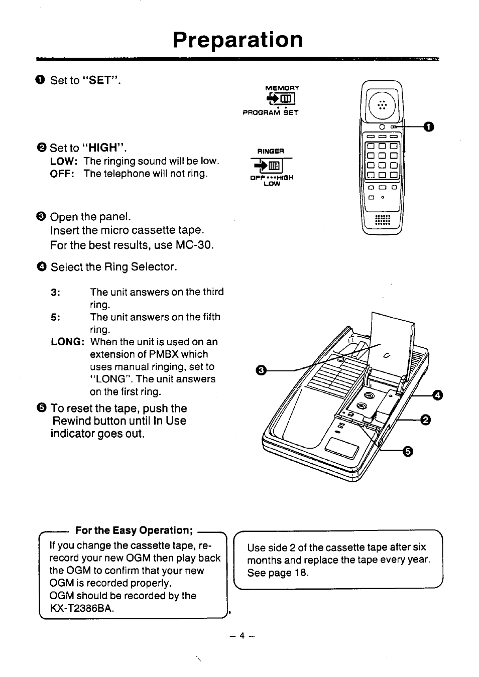 Preparation, O setto“ser, Setto “high | Open the panel, O select the ring selector, For the easy operation, Setto“ser\ ©setto “high, Select the ring selector | Panasonic KX-T2386BA User Manual | Page 5 / 19