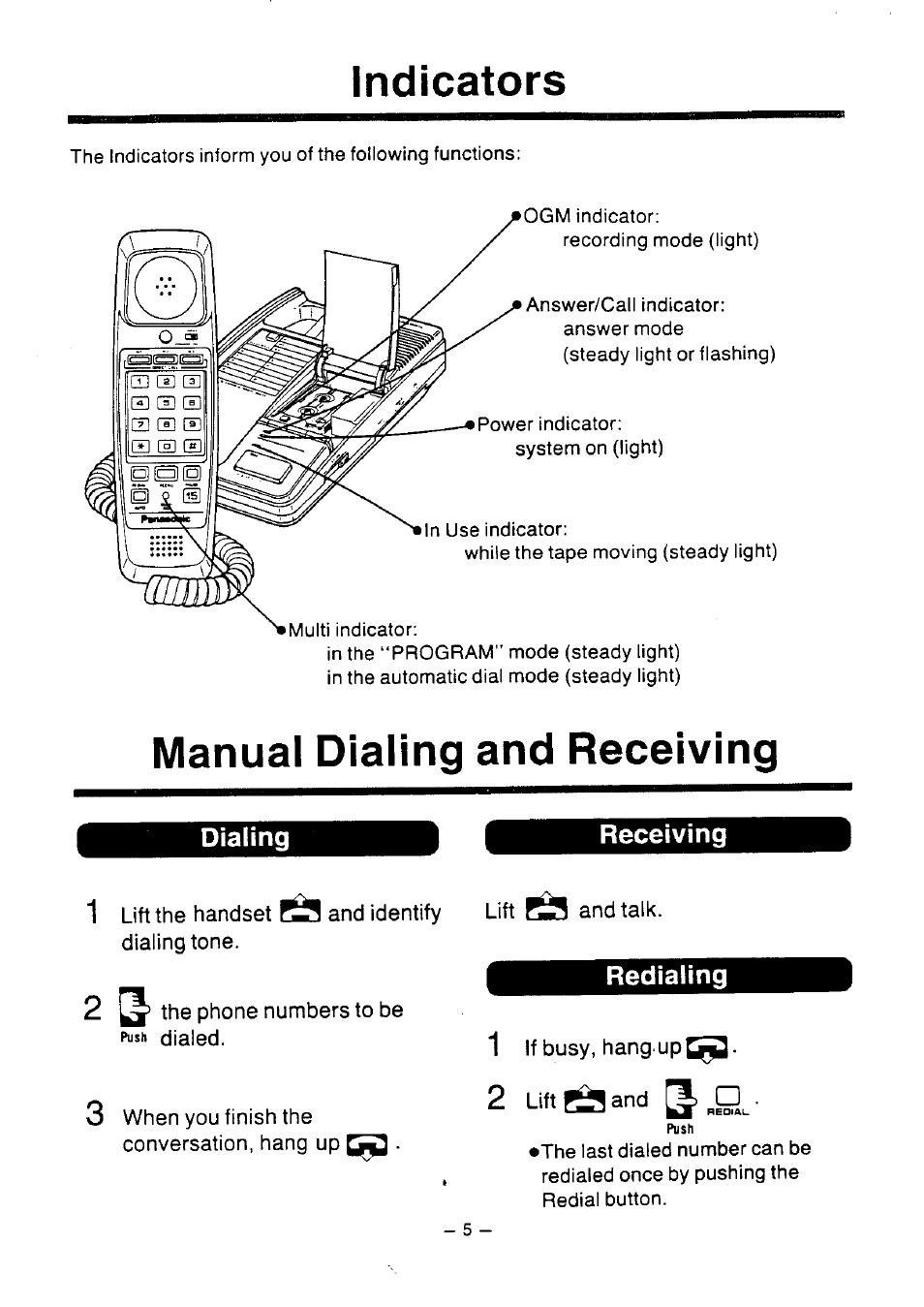 Indicators, Manual dialing and receiving, 2 ^ the phone numbers to be push dialed | 3 when you finish the conversation, hang up, If busy, hang up w- lift and [j o | Panasonic KX-T2386BA User Manual | Page 6 / 19