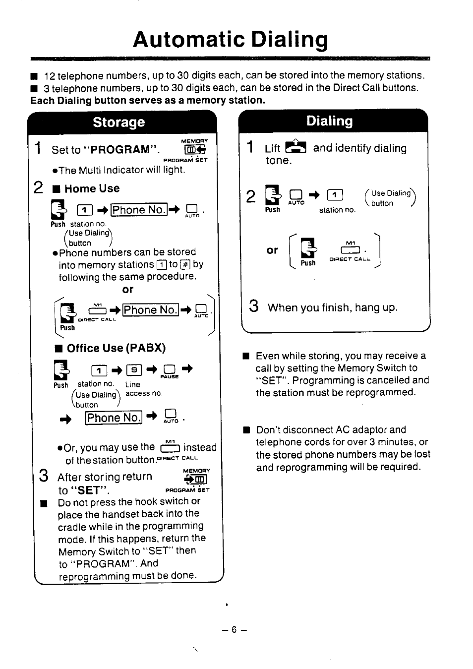 Automatic dialing, Phone no. ^ d, Iphone no.l | After storing return, 1 lift and identify dialing tone, 3 when you finish, hang up, Dialing, Storage, Set to, Phone no | Panasonic KX-T2386BA User Manual | Page 7 / 19