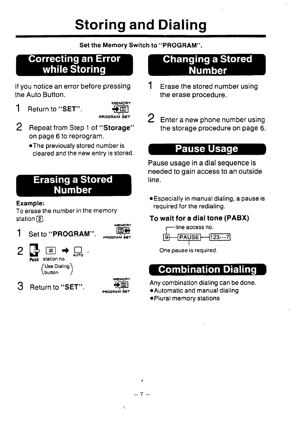 Storing and dialing, Correcting an error while storing, Erasing a stored number | Changing a stored number, Pause usage, Combination dialing | Panasonic KX-T2386BA User Manual | Page 8 / 19