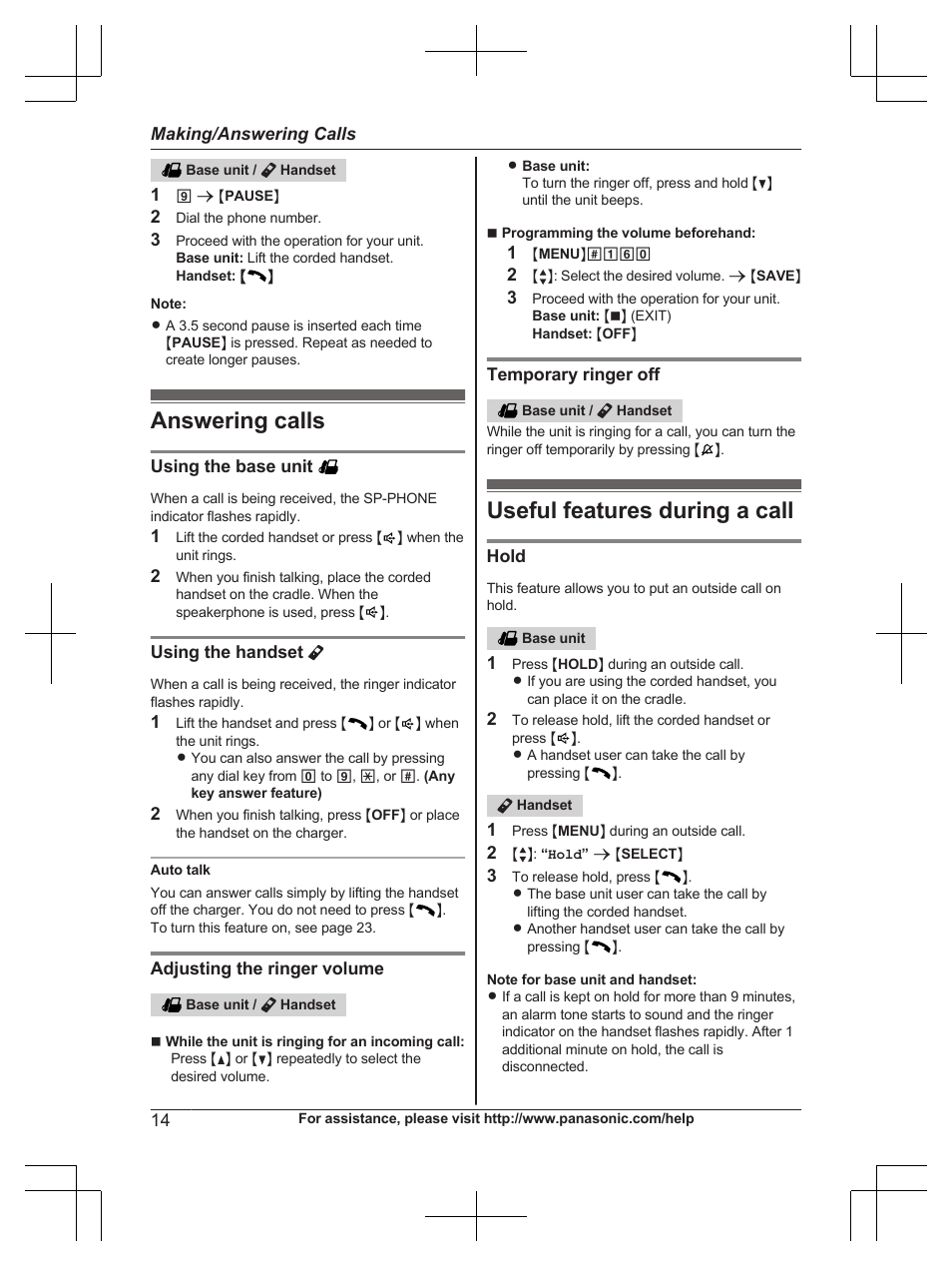 Answering calls, Useful features during a call, Answering calls useful features during a call | Panasonic KX-TG6671 User Manual | Page 14 / 56