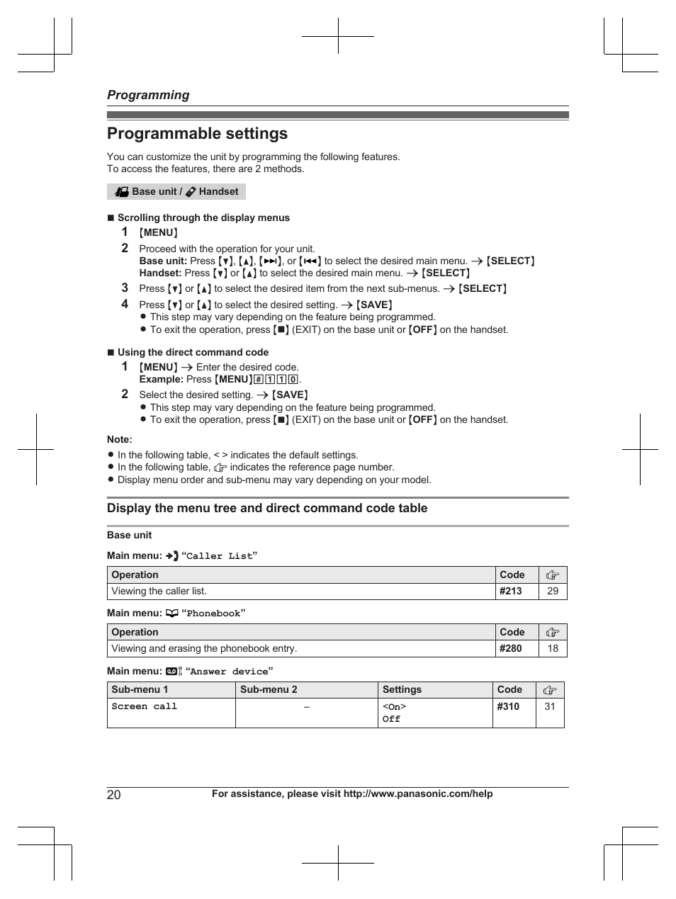 Programming, Programmable settings | Panasonic KX-TG6671 User Manual | Page 20 / 56