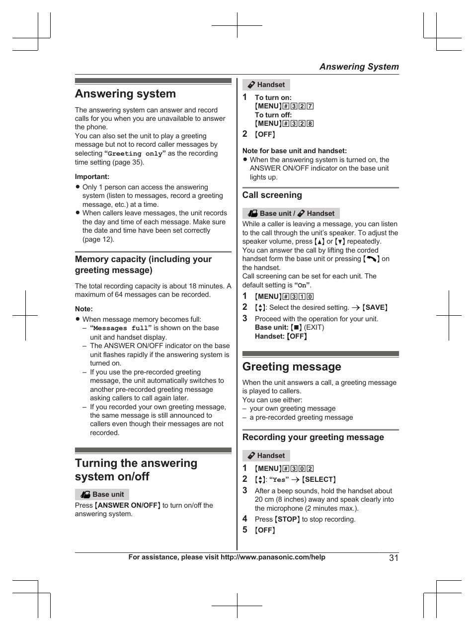 Answering system, Turning the answering system on/off, Greeting message | Panasonic KX-TG6671 User Manual | Page 31 / 56