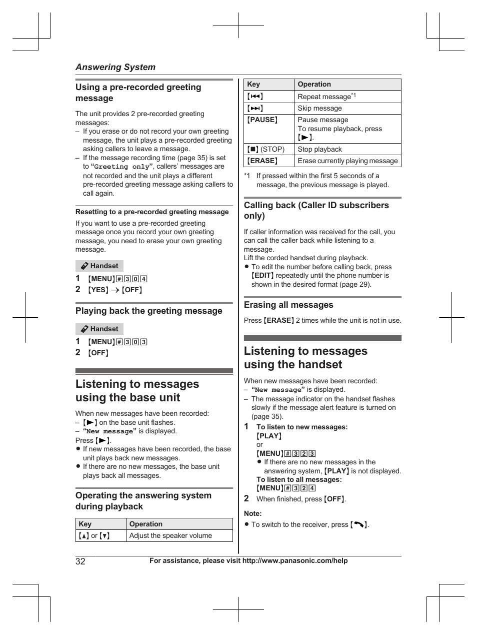 Listening to messages using the base unit, Listening to messages using the handset | Panasonic KX-TG6671 User Manual | Page 32 / 56