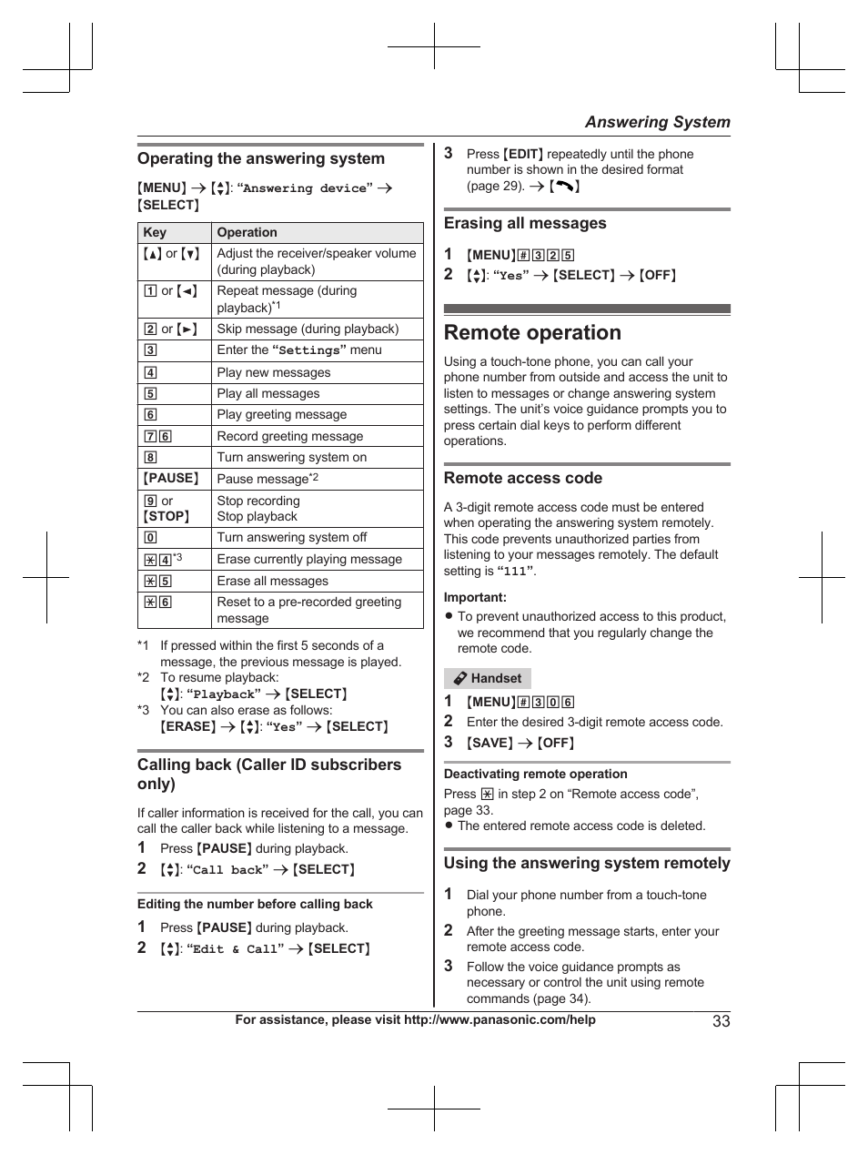 Remote operation | Panasonic KX-TG6671 User Manual | Page 33 / 56