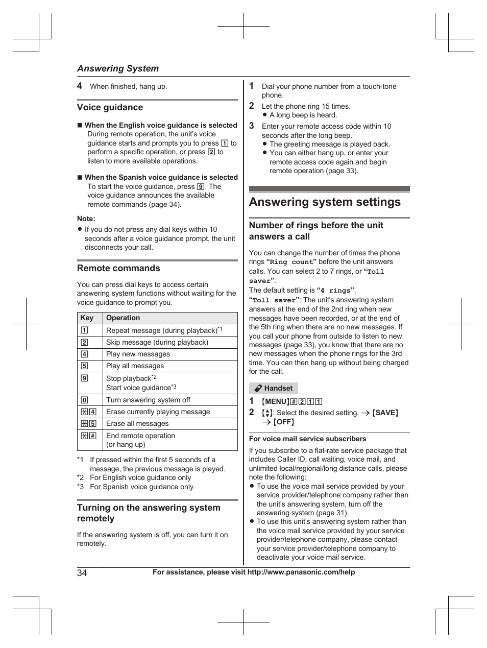 Answering system settings | Panasonic KX-TG6671 User Manual | Page 34 / 56