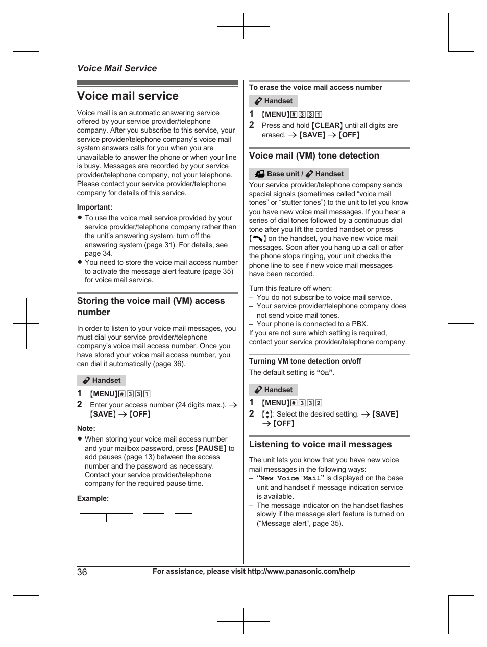 Voice mail service | Panasonic KX-TG6671 User Manual | Page 36 / 56