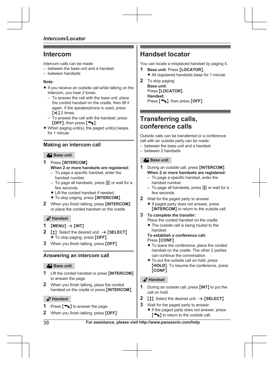 Intercom/locator, Intercom, Handset locator | Transferring calls, conference calls | Panasonic KX-TG6671 User Manual | Page 38 / 56