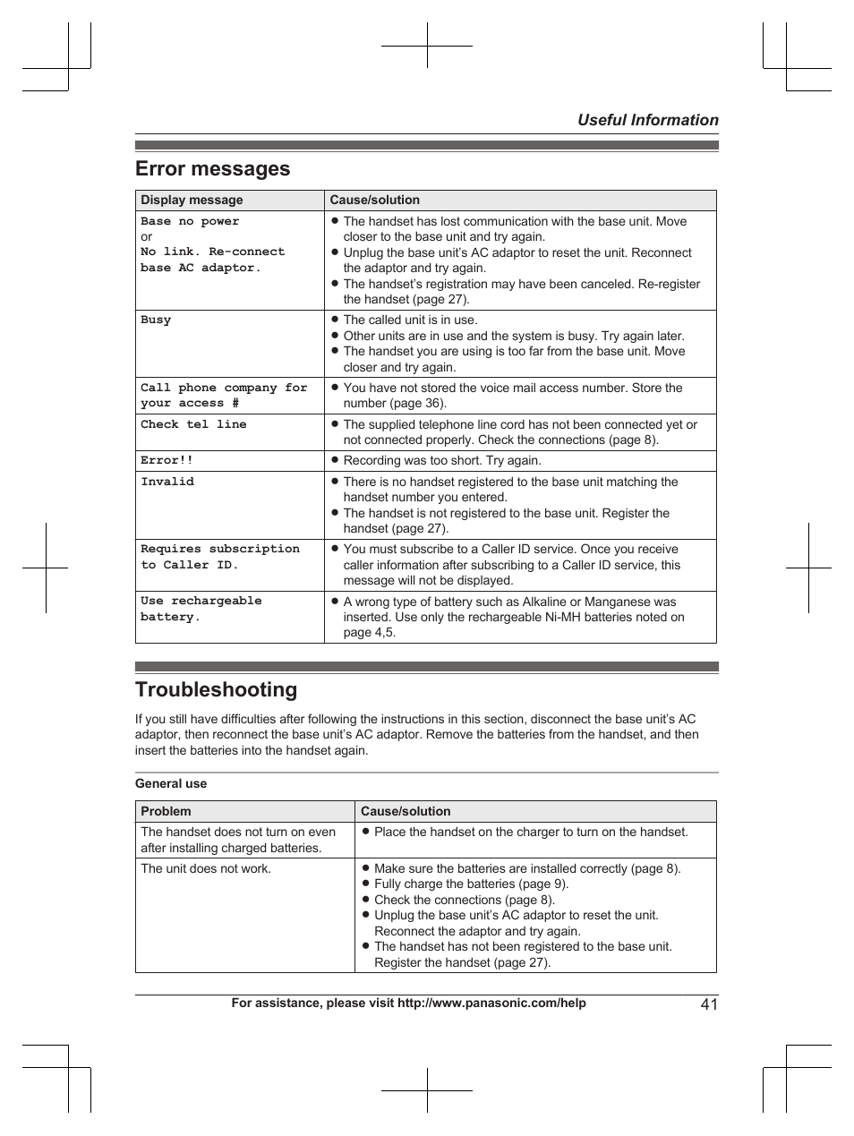 Error messages, Troubleshooting, Error messages troubleshooting | Panasonic KX-TG6671 User Manual | Page 41 / 56