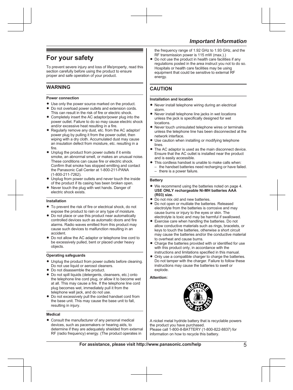 Important information, For your safety, 5important information | Warning, Caution | Panasonic KX-TG6671 User Manual | Page 5 / 56