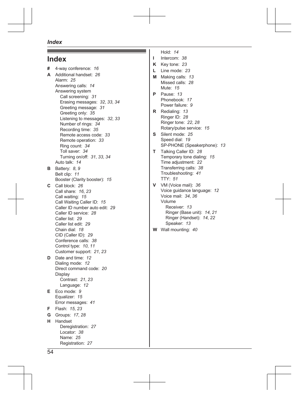 Index | Panasonic KX-TG6671 User Manual | Page 54 / 56