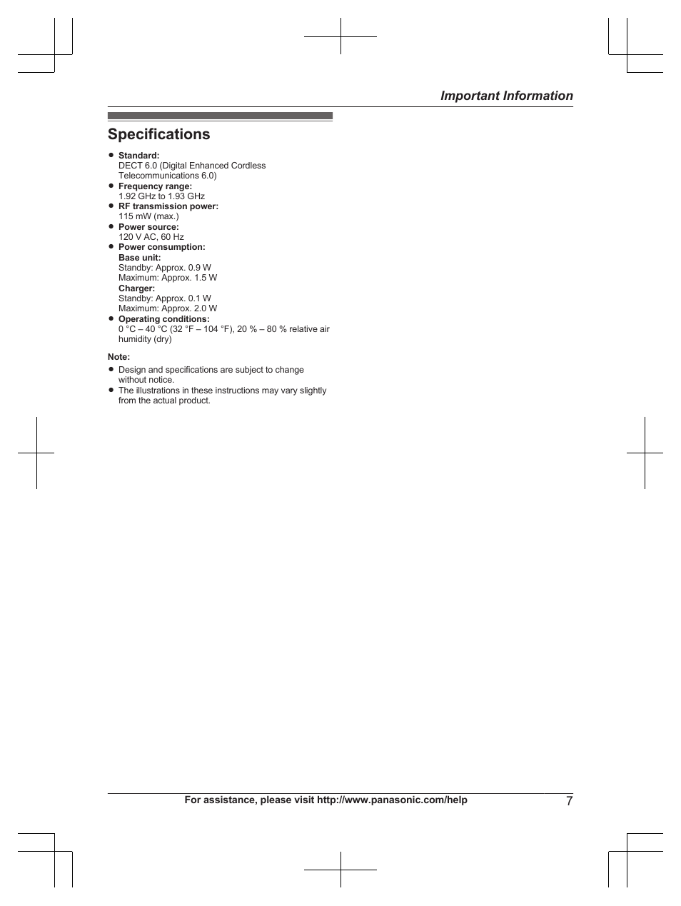 Specifications, 7important information | Panasonic KX-TG6671 User Manual | Page 7 / 56