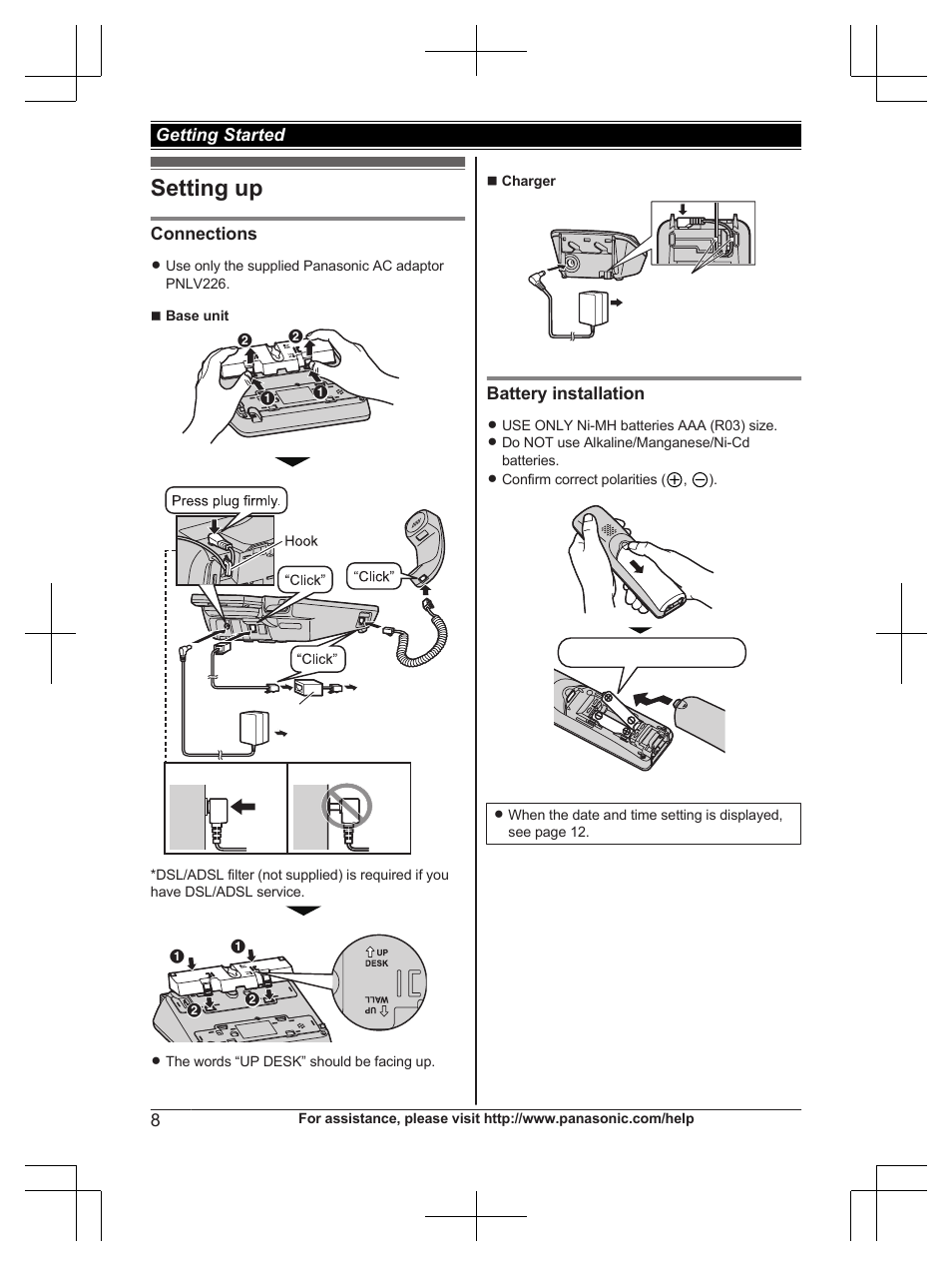 Getting started, Setting up | Panasonic KX-TG6671 User Manual | Page 8 / 56