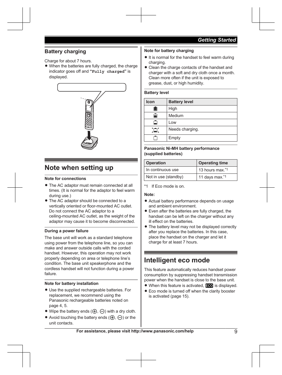 Note when setting up, Intelligent eco mode, Note when setting up intelligent eco mode | Panasonic KX-TG6671 User Manual | Page 9 / 56