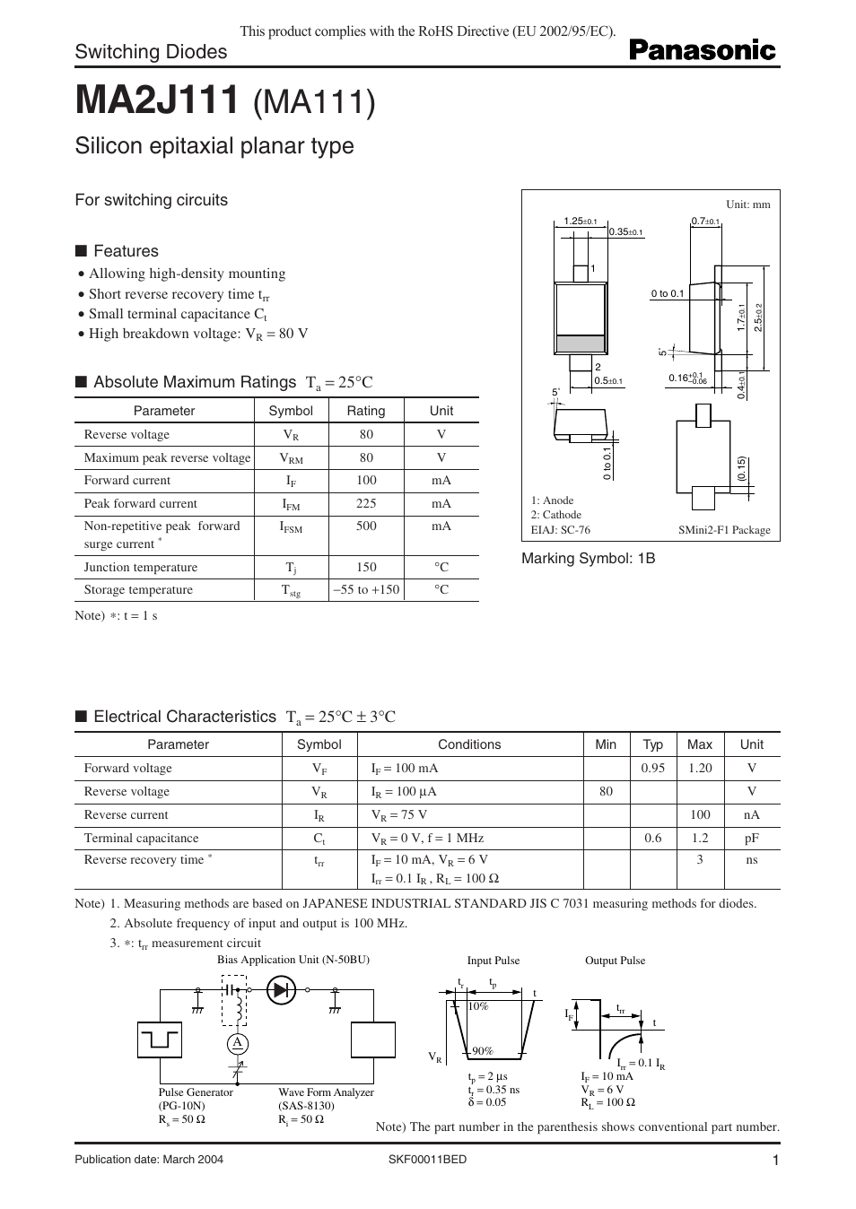 Panasonic MA2J111 (MA111) User Manual | 3 pages