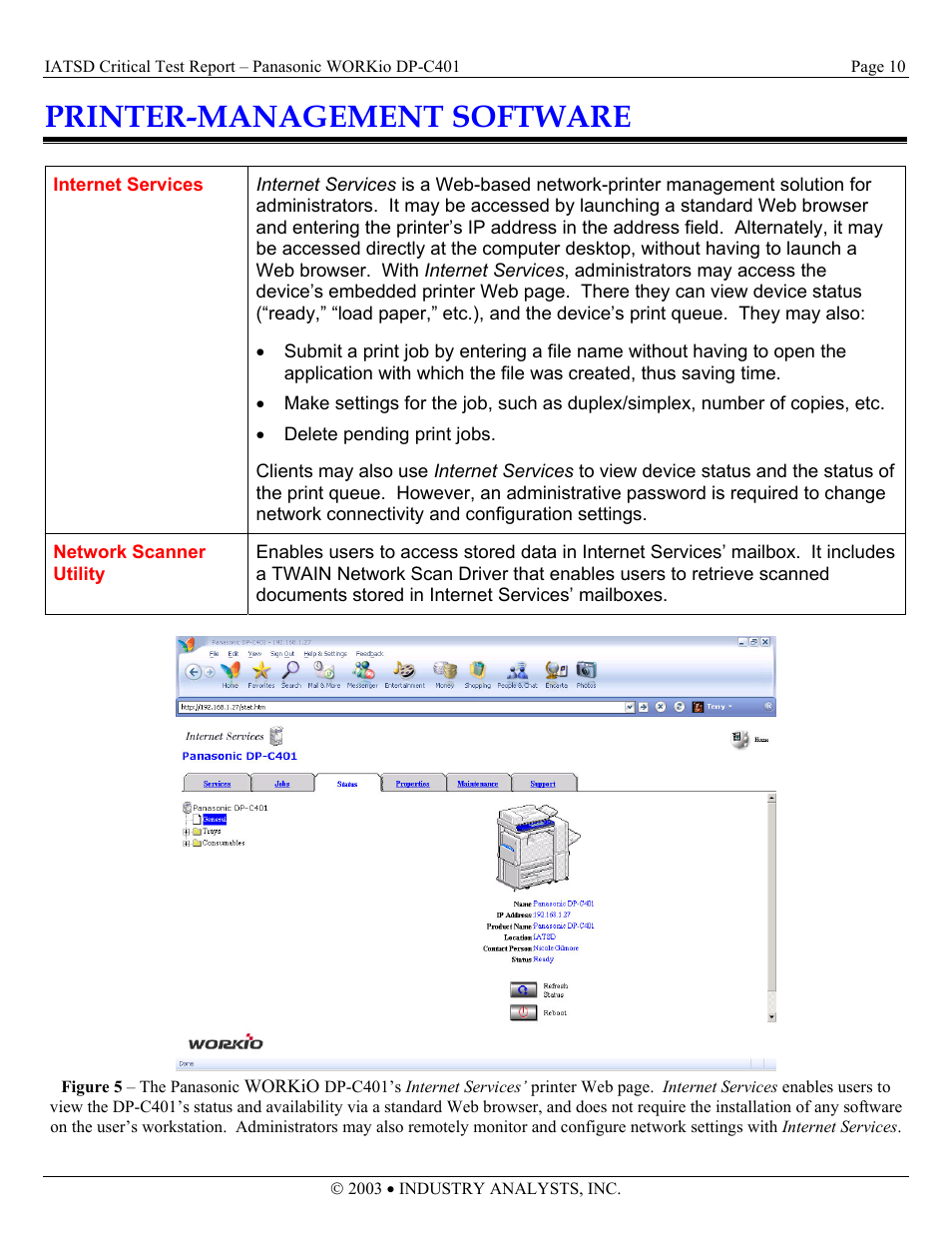 Printer-management software, Internet services, Network scanner utility | Panasonic DP-C401 User Manual | Page 10 / 22