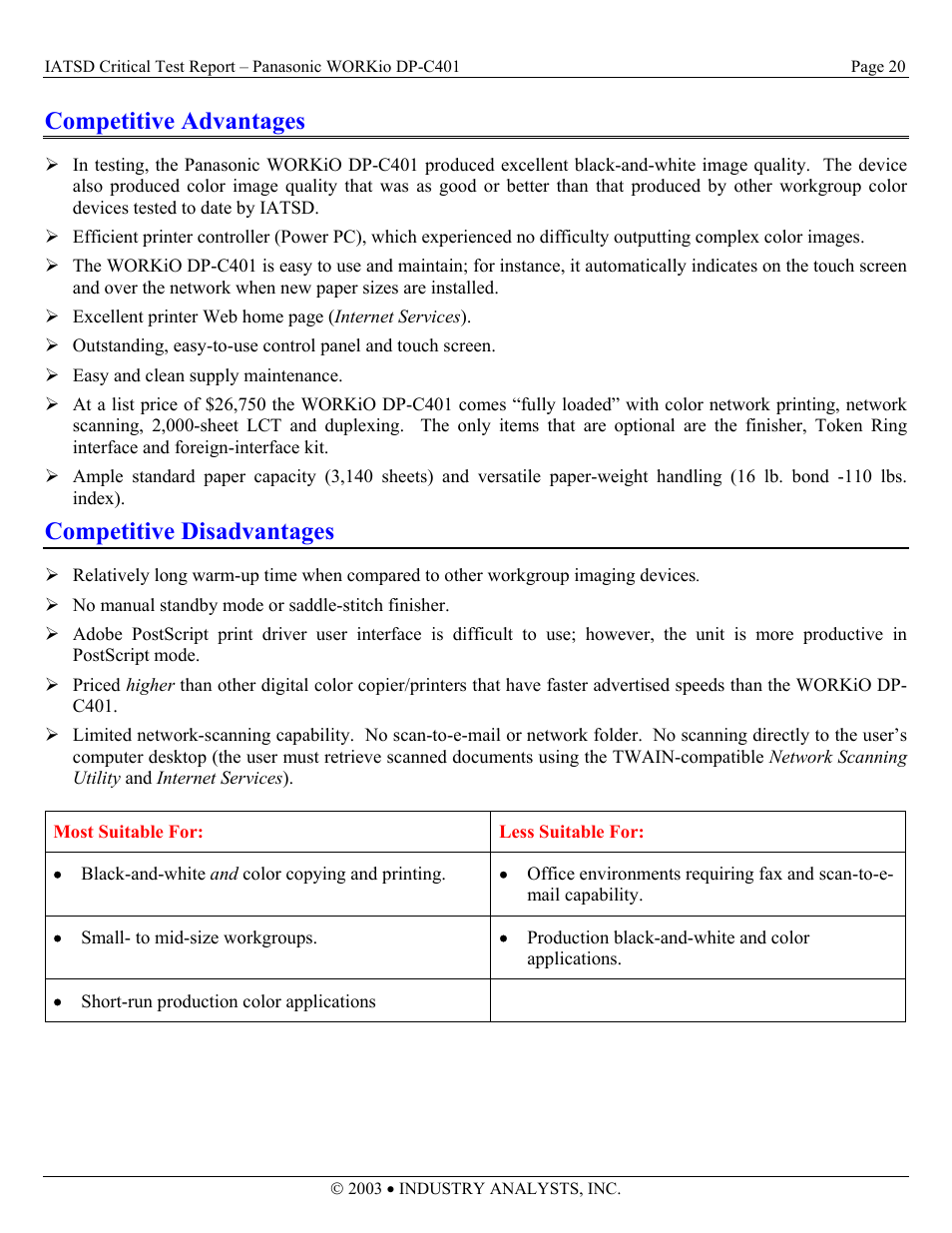 Competitive advantages, Competitive disadvantages | Panasonic DP-C401 User Manual | Page 20 / 22