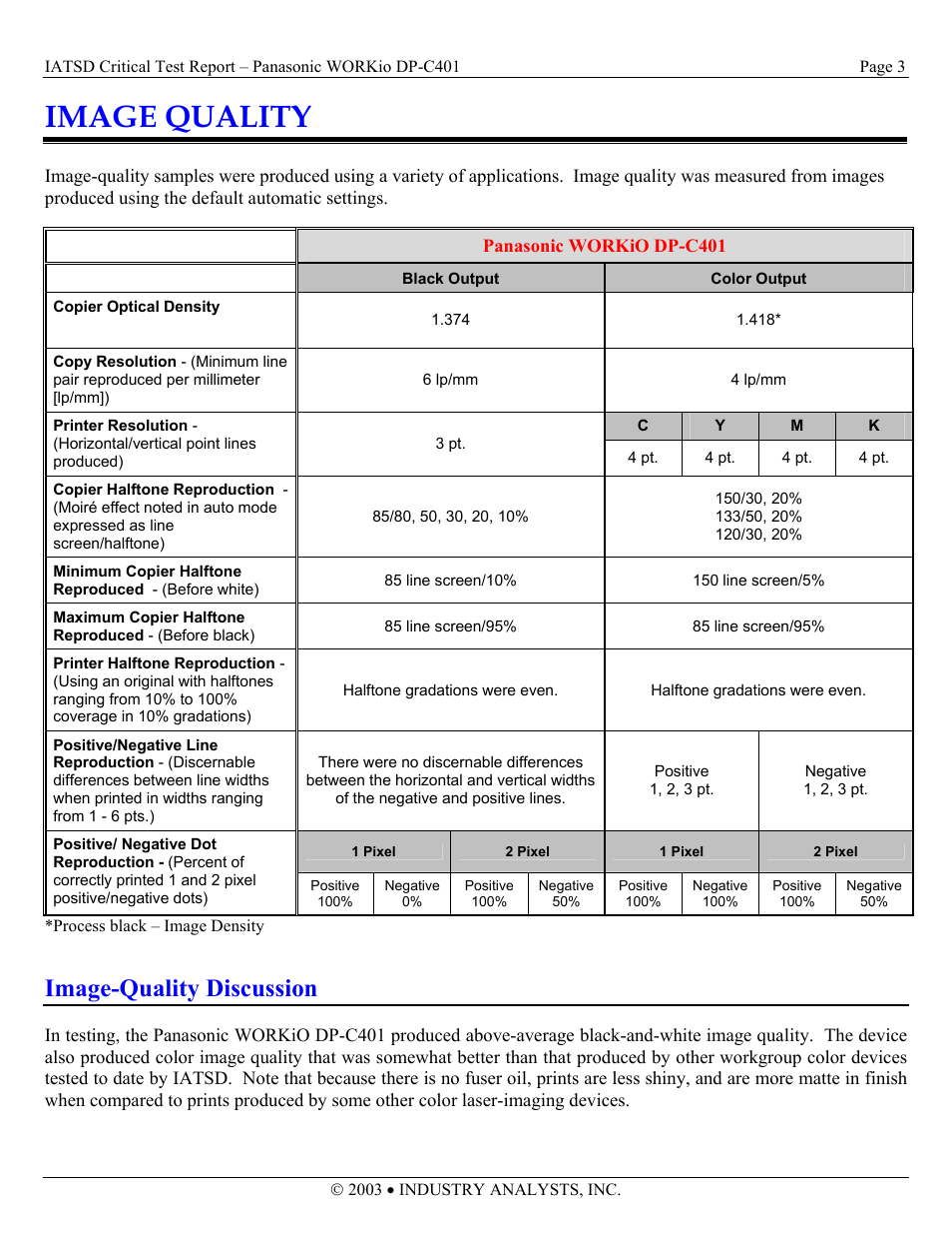 Image quality, Panasonic workio dp-c401, Black output | Color output, Copier optical density, Process black – image density, Image-quality discussion | Panasonic DP-C401 User Manual | Page 3 / 22