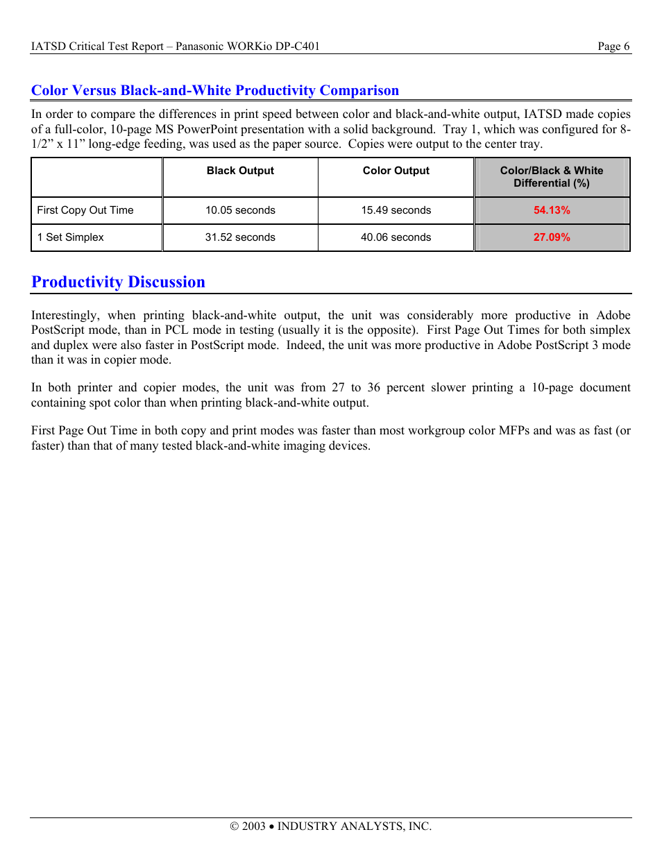 Black output, Productivity discussion | Panasonic DP-C401 User Manual | Page 6 / 22