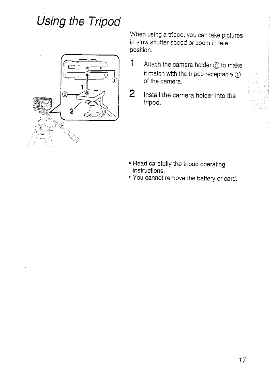 Tlsing the tripod | Panasonic DMC-LC20T  EN User Manual | Page 17 / 72