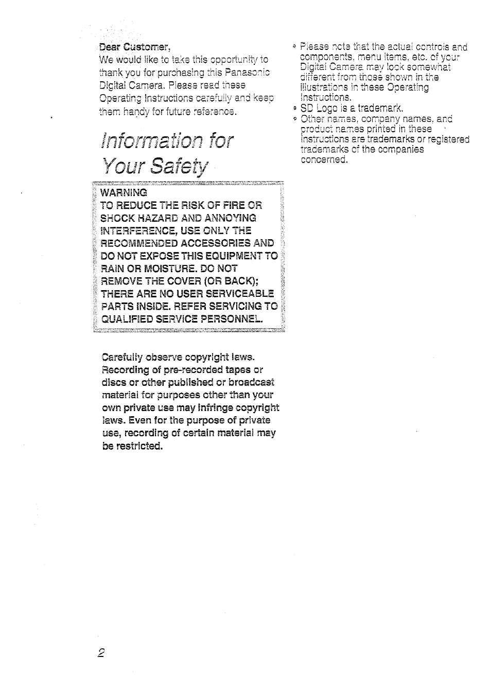 Nformatbn for your safety | Panasonic DMC-LC20T  EN User Manual | Page 2 / 72