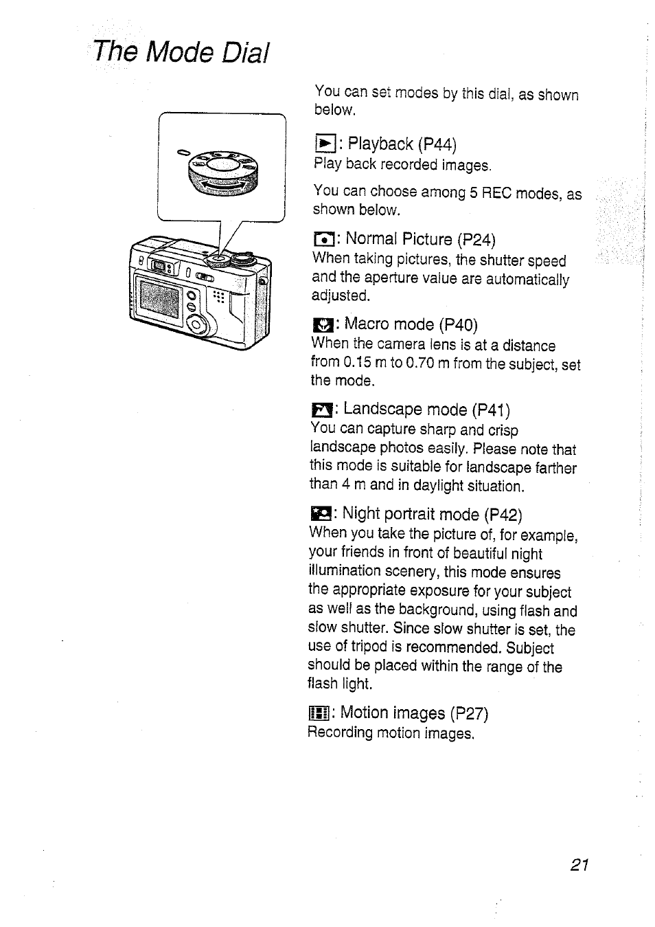 The mode dial | Panasonic DMC-LC20T  EN User Manual | Page 21 / 72